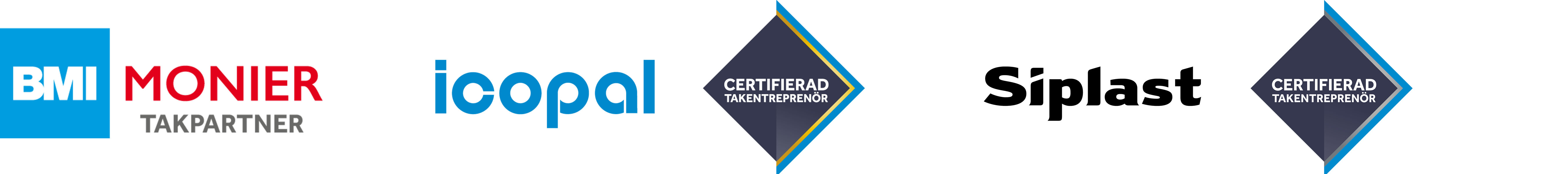Logos: Monier Takpartner, Icopal Certifierad Takentreprenör, Siplast Certifierad Takentreprenör